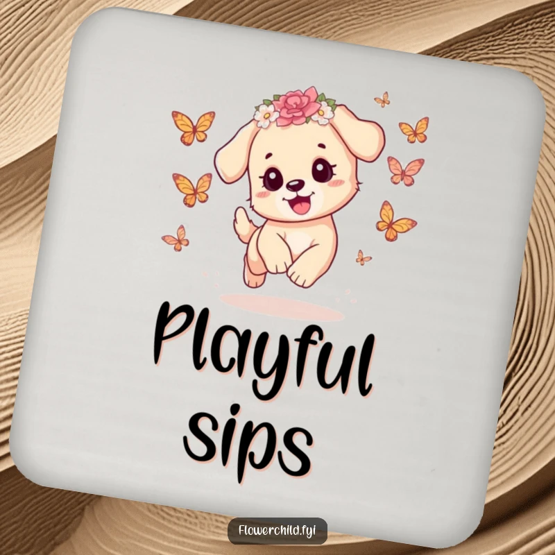 Funny Puppy Coaster: A playful puppy wearing a flower crown chases butterflies, adding adorable charm and surface protection.