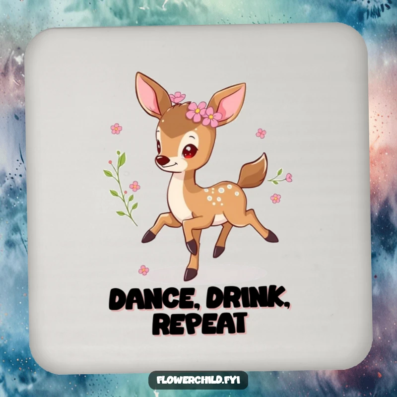 Funny prancing deer coasters, a little deer with flowers in its fur, joyfully leaping, adding whimsical and humorous protection.
