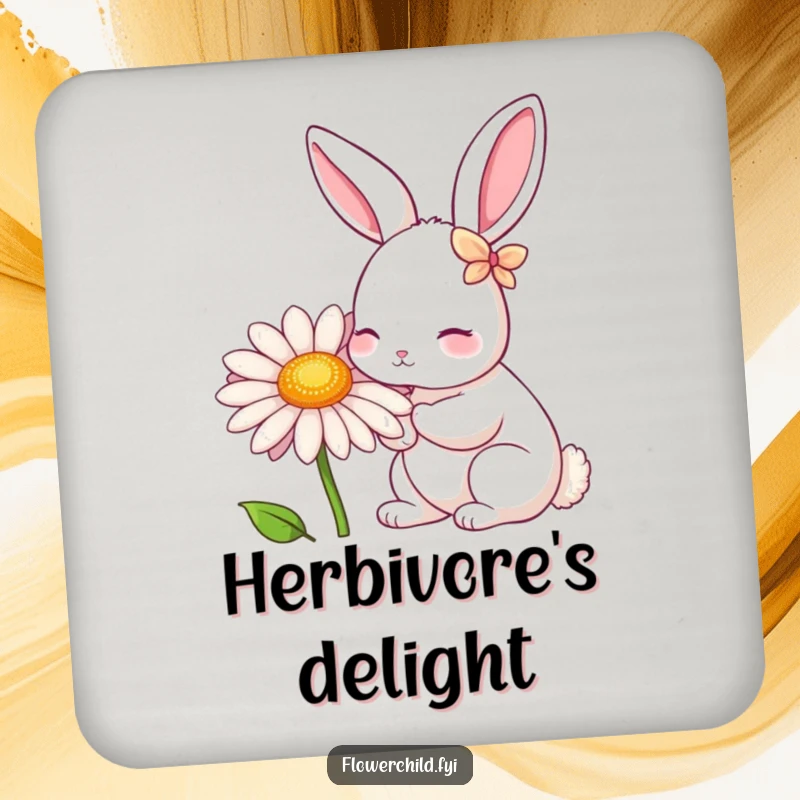 Funny Rabbit Daisy Nibbler Coaster: A rabbit with petal ears nibbles a giant daisy, adding charm while protecting surfaces.