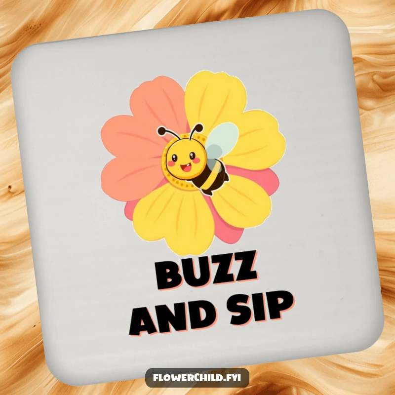Funny drink coaster with a smiling bee buzzing around a large, colorful flower, adding cheerful garden protection.