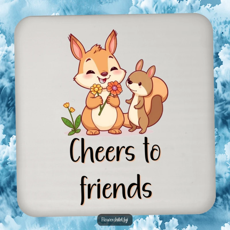 Funny squirrel drink coaster depicting a jovial squirrel offering a flower, protecting surfaces with a charming and heartwarming woodland design.
