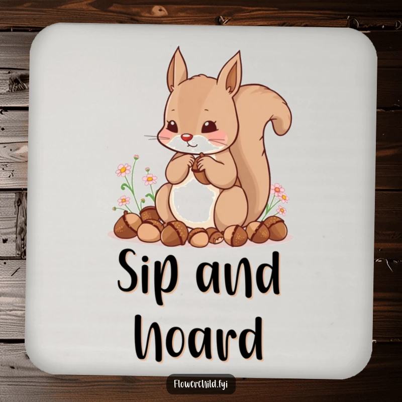 Funny drink coaster with a content squirrel hoarding acorns and tiny flowers, protecting surfaces charmingly.