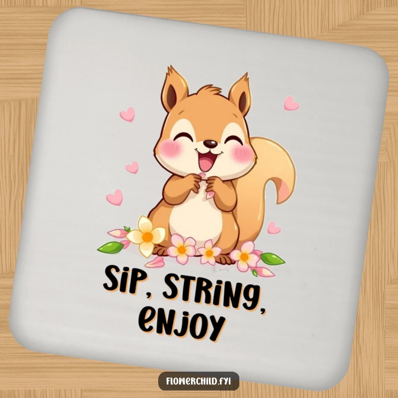 Funny drink coasters featuring a delighted squirrel character gathering flower petals for a chain.