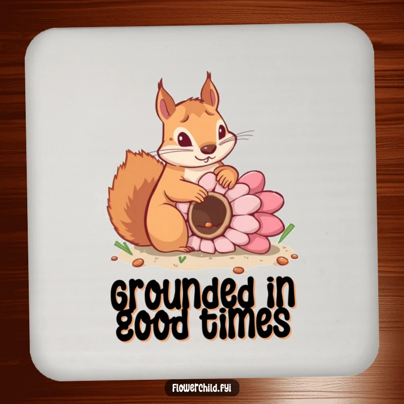 Funny coasters featuring a determined squirrel burying a giant flower seed, protecting surfaces with a touch of nature.