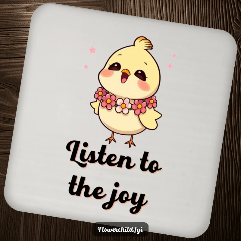 Funny drink coaster featuring a happy, singing bird wearing a beautiful flower garland, protecting your table.
