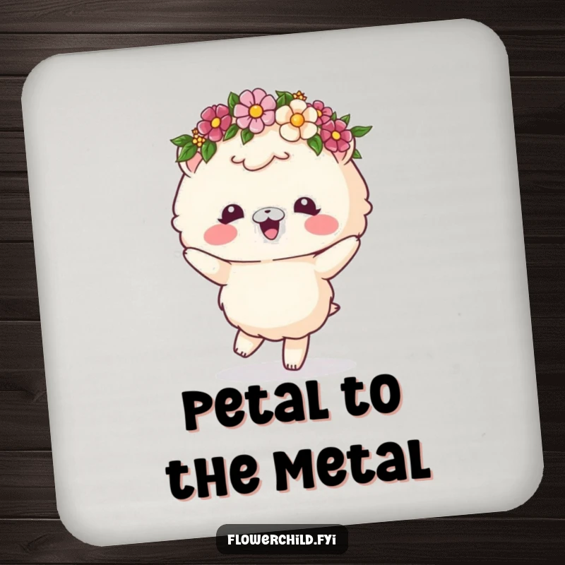 Funny drink coasters with a fluffy animal wearing a flower crown, dancing with joy, protecting furniture with humor.