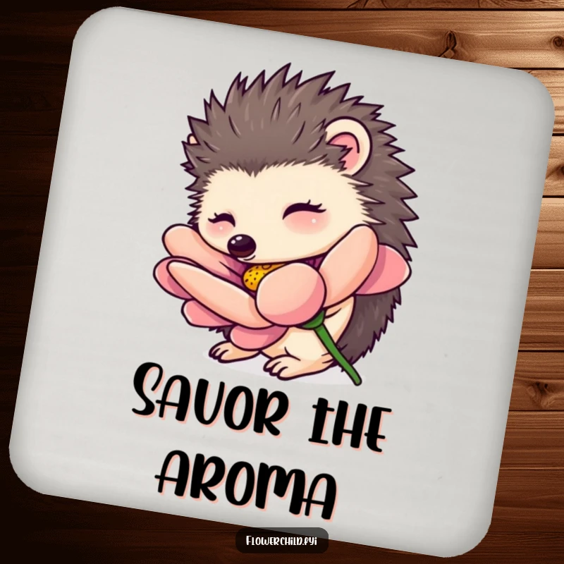 Funny hedgehog coaster, a curious hedgehog character smelling an oversized flower, protecting tabletops, nature-themed and decorative drink accessory.