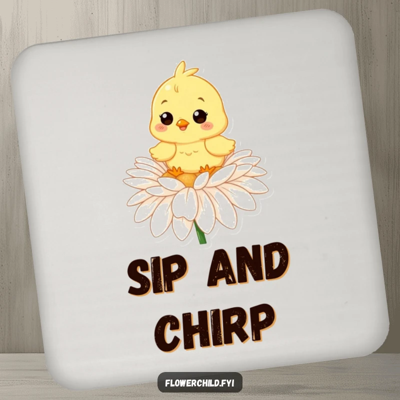 Funny drink coasters featuring a happy chick on a daisy, adding a cheerful spring touch to any table.
