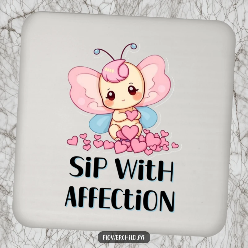 Funny drink coaster with a delightful butterfly collecting heart-shaped petals, adding a touch of sweetness.