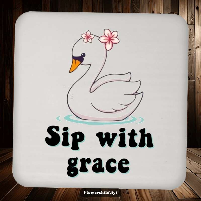 Funny drink coaster with a graceful swan wearing a flower, gliding smoothly, for table protection.