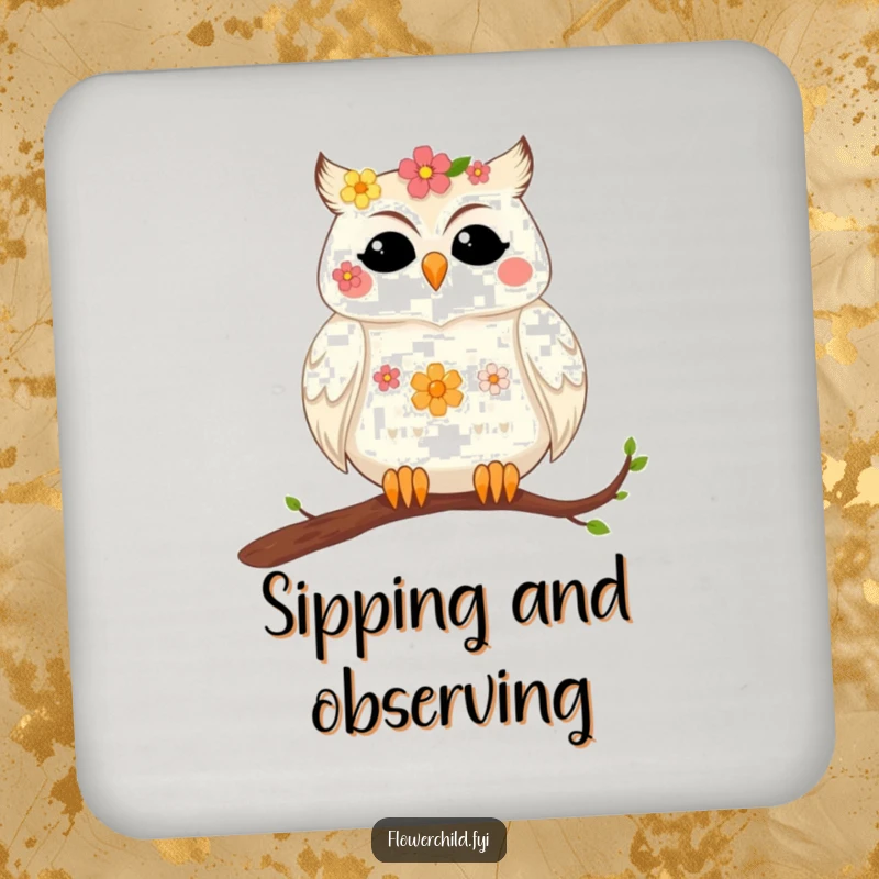 Funny drink coasters featuring a contented owl with flowers in its feathers resting on a branch, adding serene charm.