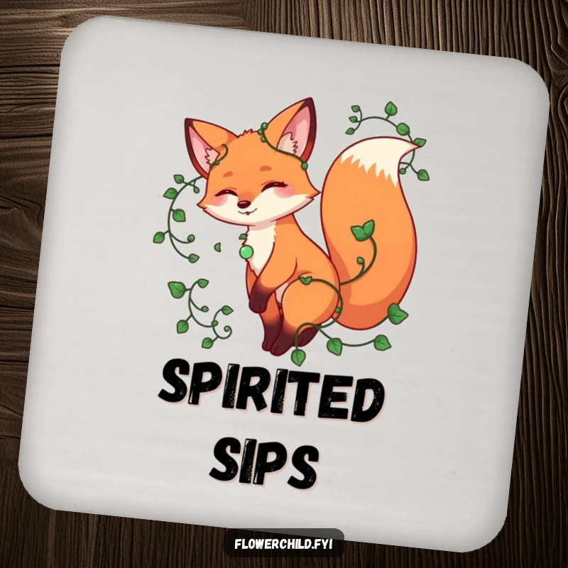Funny fox drink coaster, a playful fox twirling with vines entwined around its tail, protecting surfaces with charm.