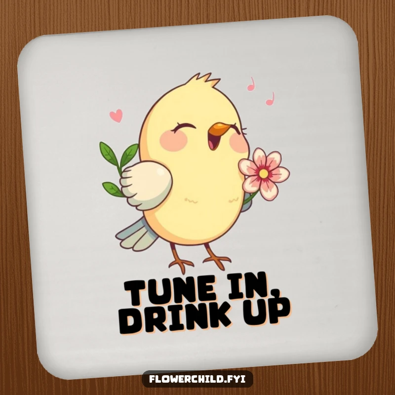 Funny birdsong melody drink coaster, a happy bird with a flower behind its ear singing.