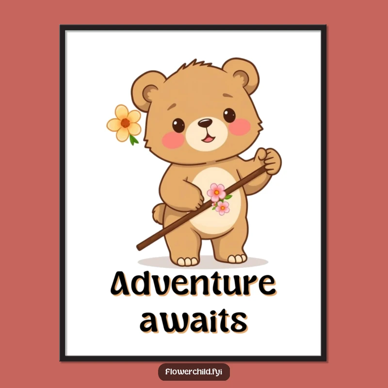 Funny Proud Bear Cub Walking Stick Poster - Cute Woodland Adventure Art Print