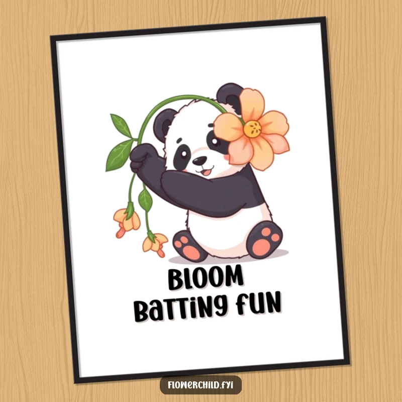 Funny panda poster showing a cuddly panda playfully batting at a large, dangling flower, cute and happy.