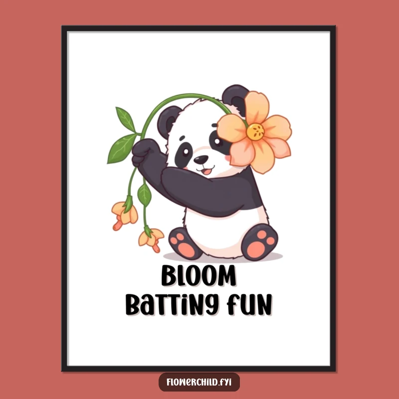 Funny Panda Poster: Playful Cuddly Panda Flower Art Print Gift
