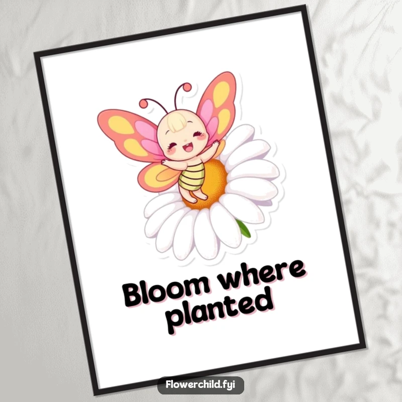 Funny poster print of a joyful butterfly with bright, colorful wings dancing joyfully around a huge, blooming daisy.