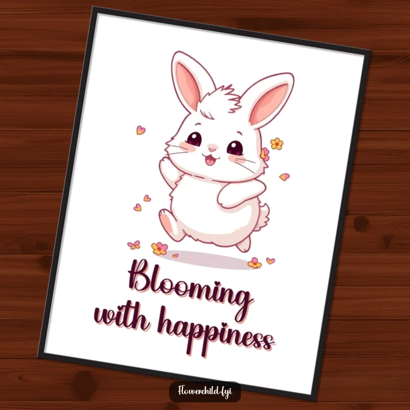 Funny Fluffy Bunny Flower Poster: Whimsical spring art featuring a fluffy bunny with petals in its fur, joyfully skipping through a meadow.