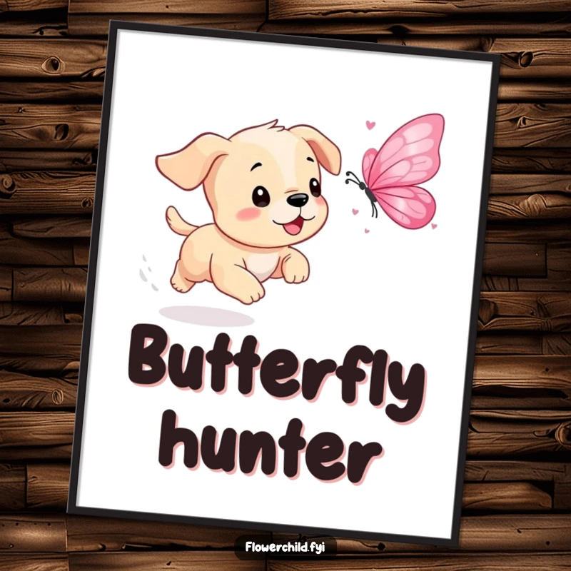 Funny Puppy Petal Butterfly Poster: An illustration of a playful puppy enthusiastically chasing a fluttering butterfly made of flower petals.