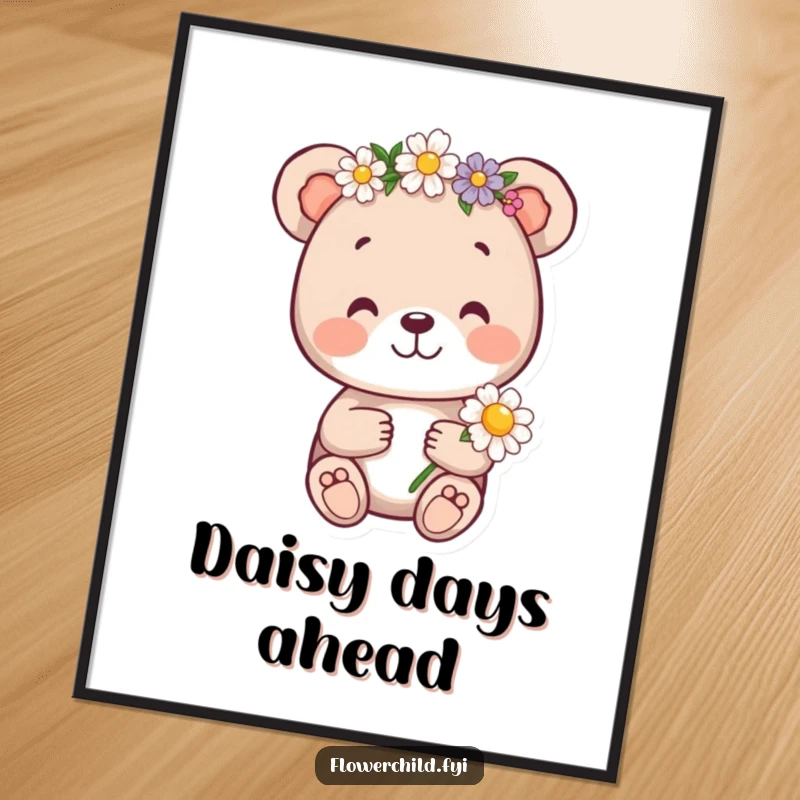 Funny bear cub poster, a cheerful bear cub wearing a flower crown and holding a daisy, radiating innocence and natural beauty.