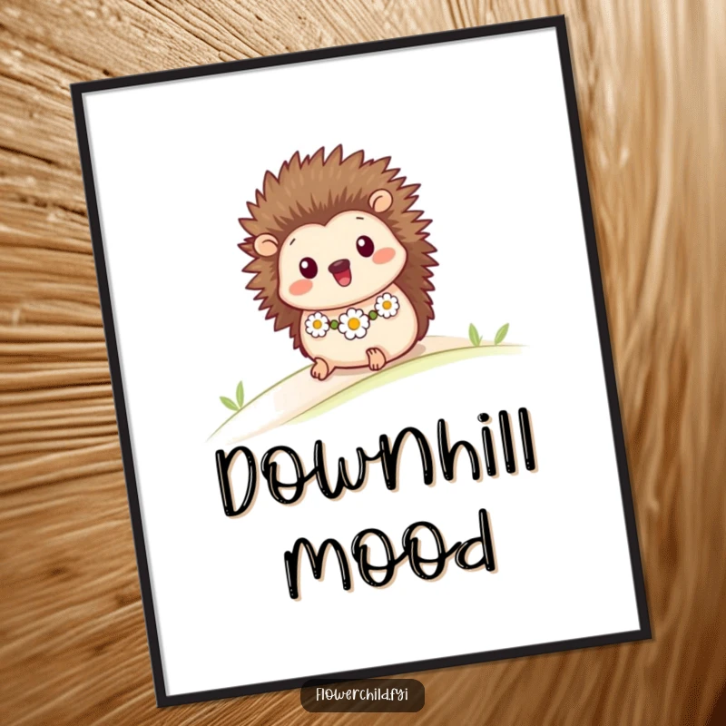 Funny poster of a happy hedgehog with a daisy chain, rolling down a gentle slope, radiating pure, unadulterated joy.