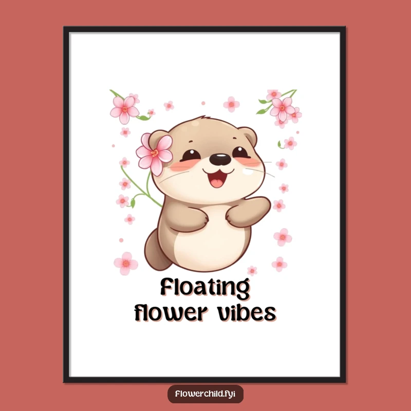 Funny Otter Poster: Happy Floating Otter with Flower Art Print Gift