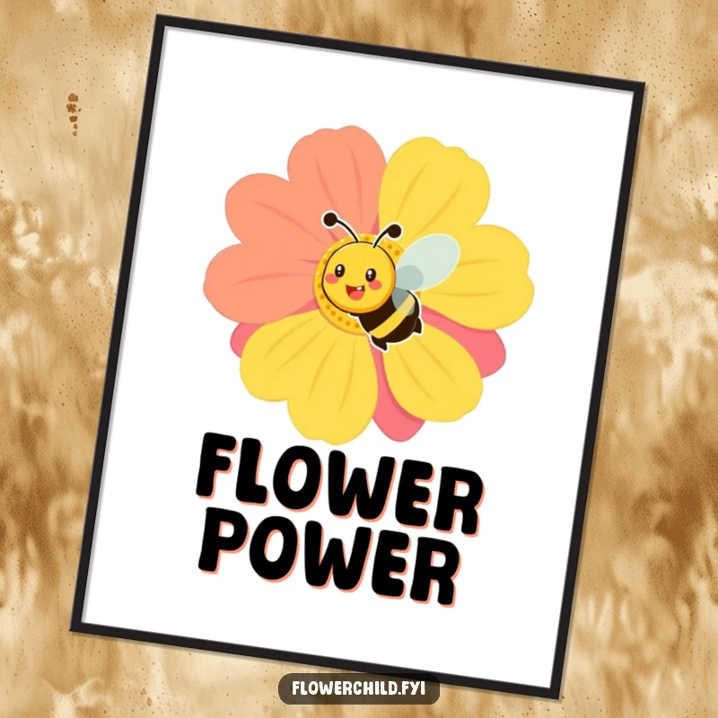 Funny art poster of a smiling bee in motion, buzzing around a vividly colored, oversized flower, bringing garden cheer.