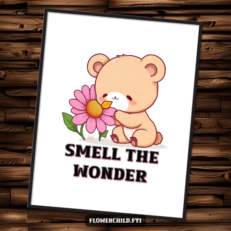 Funny Poster showcasing a curious bear cub with delight sniffing a giant, colorful wildflower, perfect wall art.