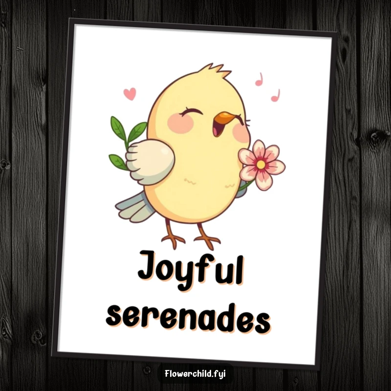 Funny birdsong joy poster print, a happy bird with a flower behind its ear singing.