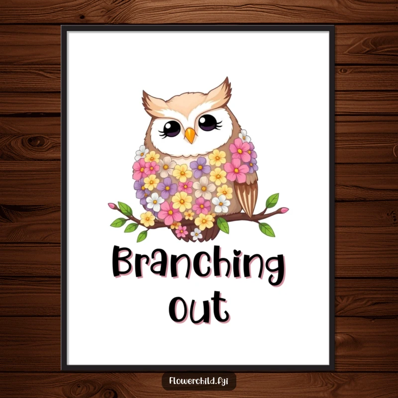 Funny poster of a contented owl wearing a flower feather boa, resting on a branch, elegant art.