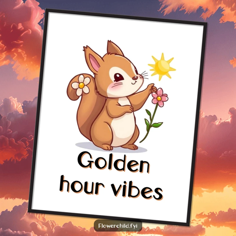 Funny squirrel poster, a curious squirrel with a flower behind its ear reaching for a sunbeam, a peaceful and heartwarming woodland scene.