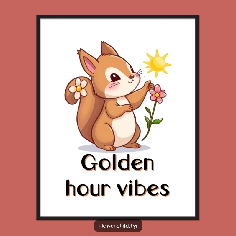 Funny Curious Squirrel Flower Poster - Whimsical Wall Art Gift
