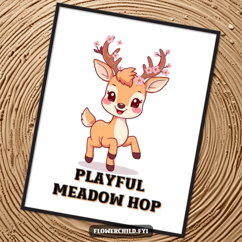 Smiling deer character with blossoms on its antlers, prancing playfully, presented as delightful wall art.