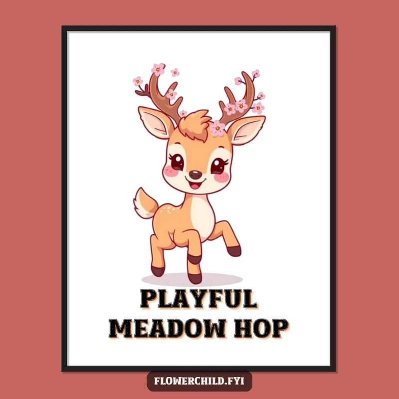Funny Deer Prancing Poster - Blossom Antler Graphic Wall Art Gift