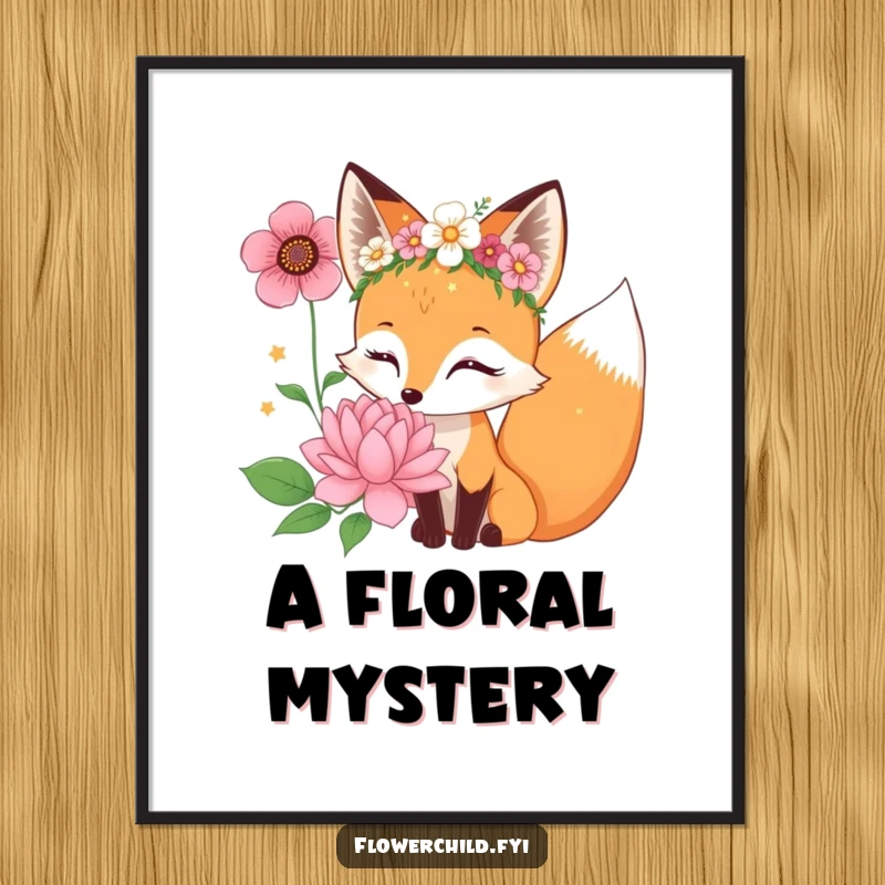 Funny curious fox character wearing a flower crown and sniffing a giant bloom, a captivating art print.