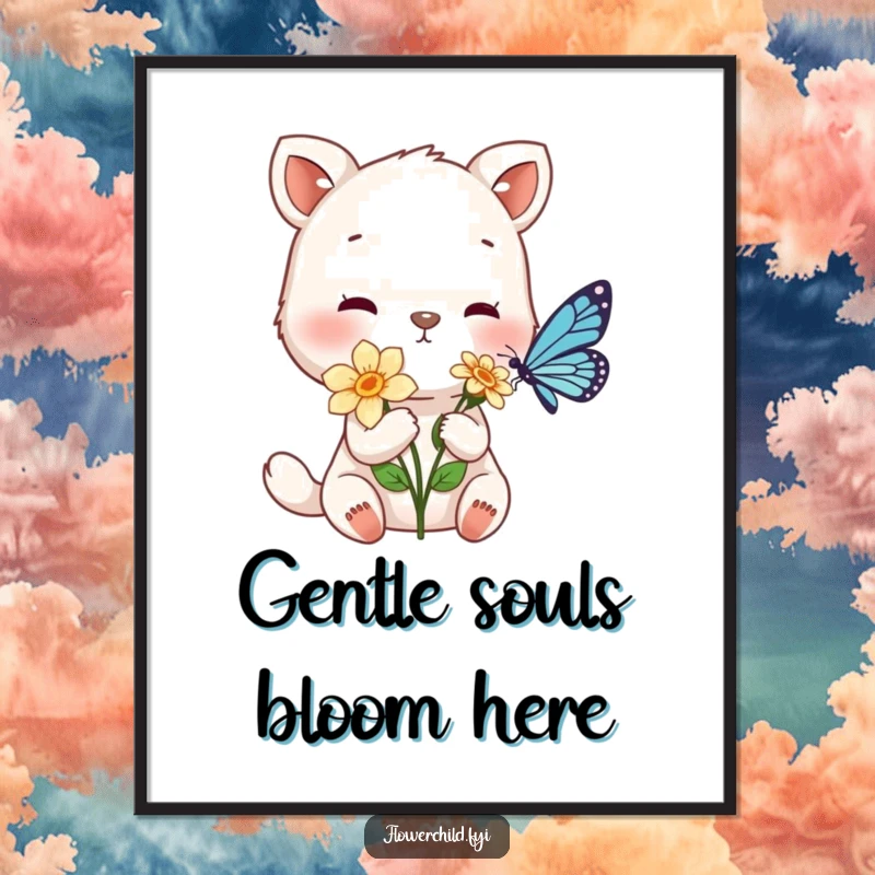 Funny poster print of a gentle animal character offering a flower to a tiny, delicate butterfly, spreading love.
