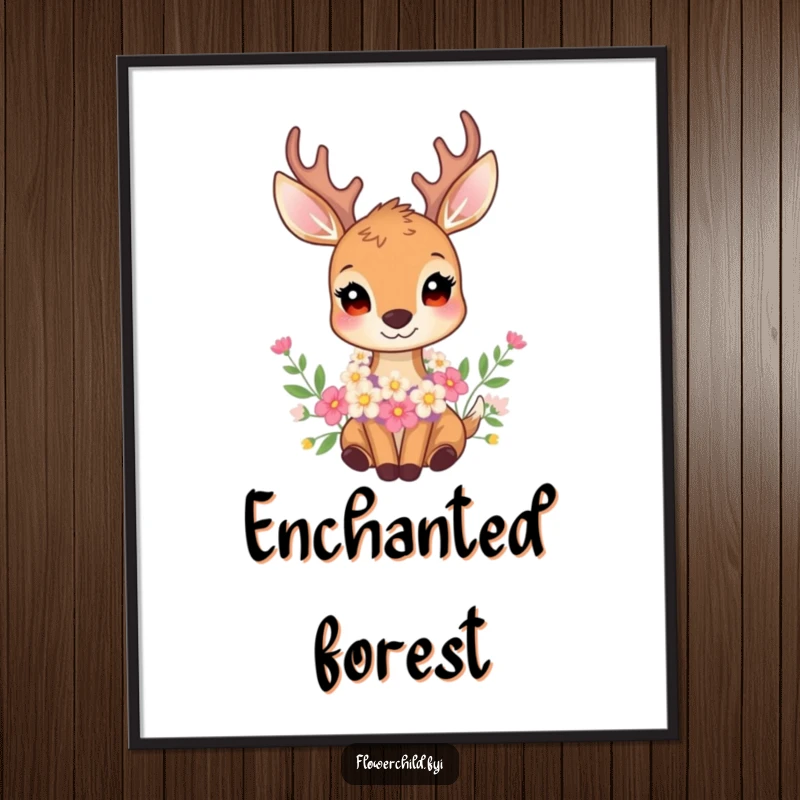 Funny art poster of a gentle deer with a lush garland of flowers around its neck, creating a serene and elegant wall decoration.