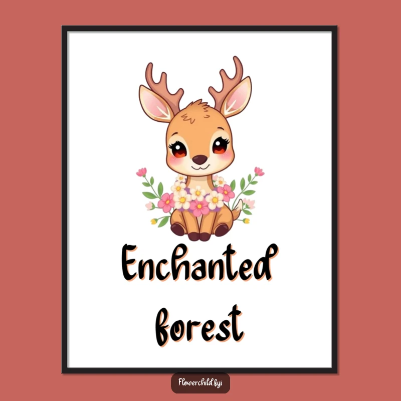 Funny Gentle Deer Flower Garland Poster - Serene Woodland Wall Art Print