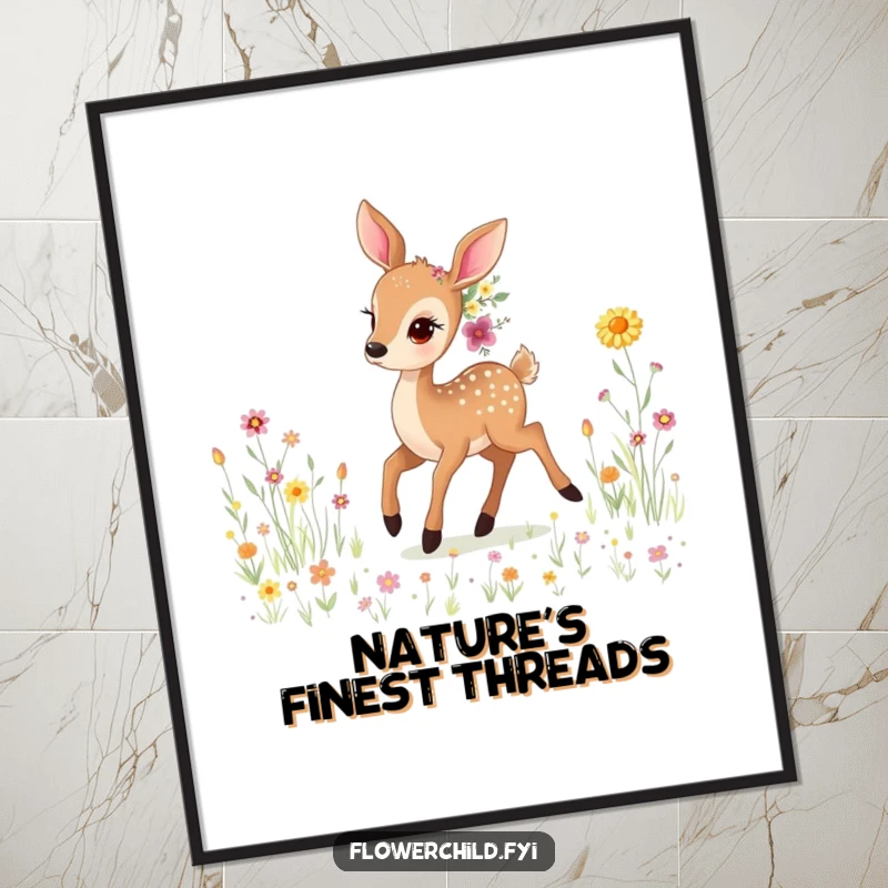 Funny Gentle Deer Wildflower Poster: Serene art featuring a gentle deer adorned with wildflowers, prancing elegantly through a peaceful meadow.
