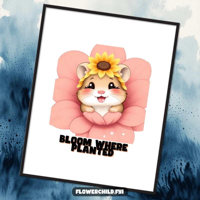Funny poster depicting a giggling hamster wearing a sunflower headpiece, peeking from a flower, vibrant wall decor.