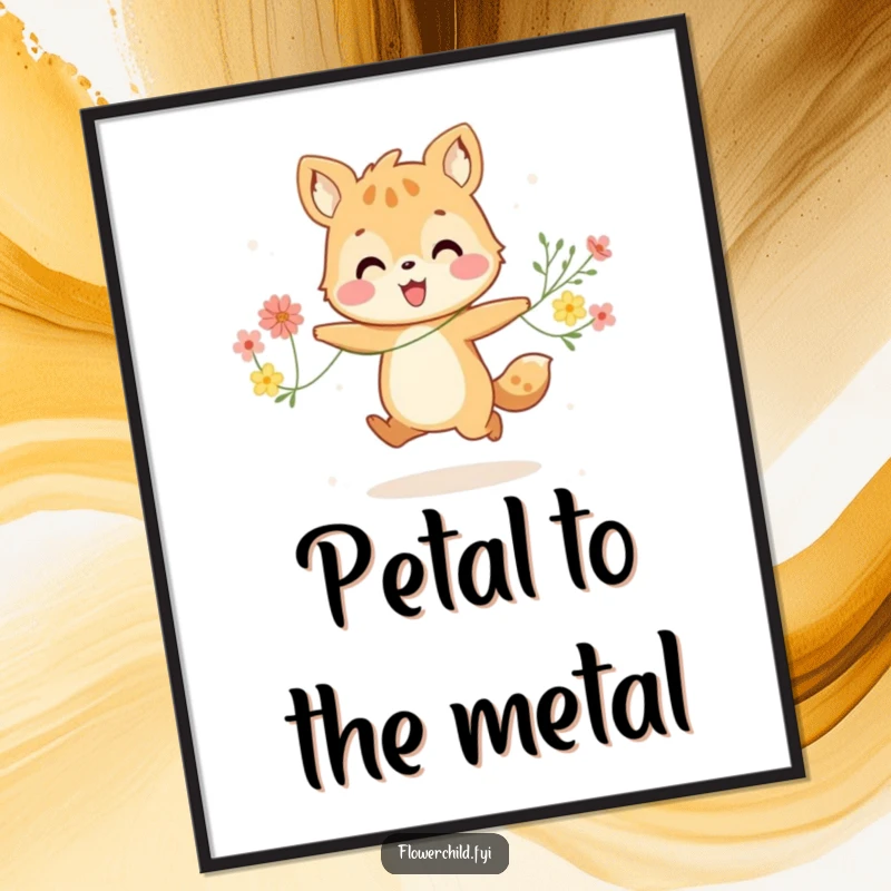 Funny poster art: a happy animal character joyfully skipping with a string of colorful flowers, radiating pure happiness and delight.