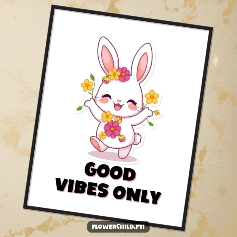 Funny Bunny Poster: A joyful bunny with flowers woven into its fur is captured mid-dance, radiating happiness and whimsical beauty.