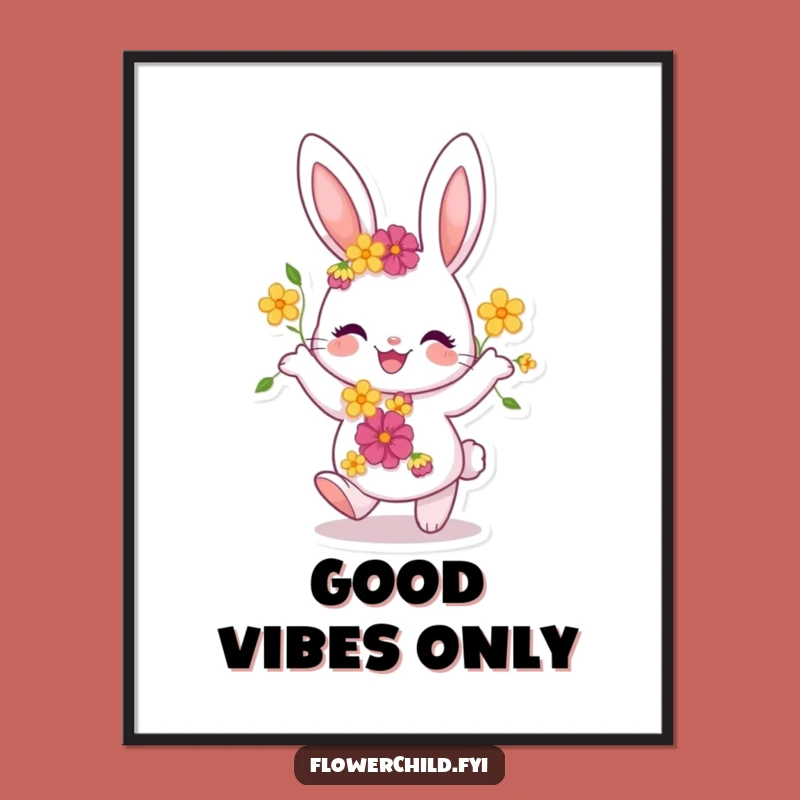 Funny Joyful Bunny Dancing Poster: Whimsical Floral Art for Your Walls