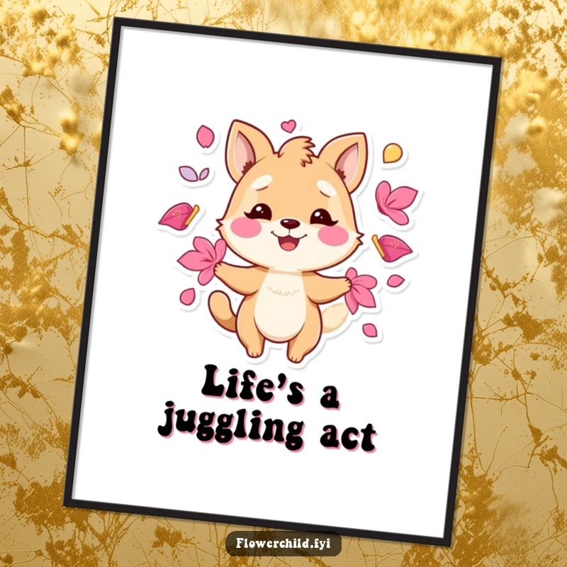 Funny poster print of a playful animal character smiling while juggling a colorful array of vibrant flower petals.