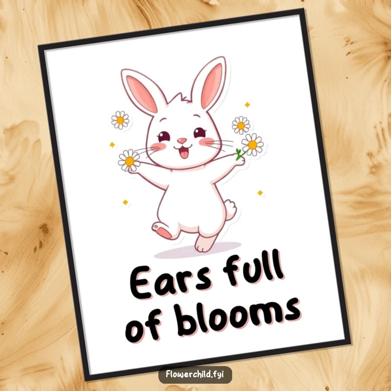 Funny Poster displaying a cheerful rabbit character joyfully twirling, with daisies framing its ears, bringing a whimsical feel.