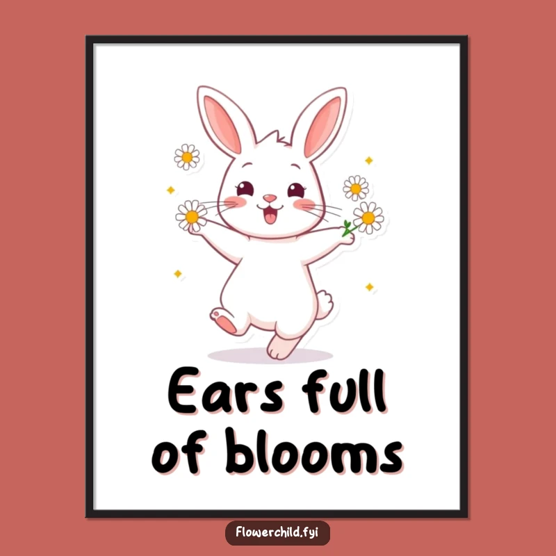 Funny Rabbit Daisy Dance Poster: Cheerful Twirling Art Print, Charming Funny Gift