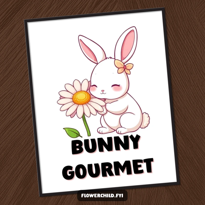 Funny Rabbit Daisy Nibbler Poster: An illustration of a rabbit with petals on its ears nibbling a large daisy, full of garden whimsy.