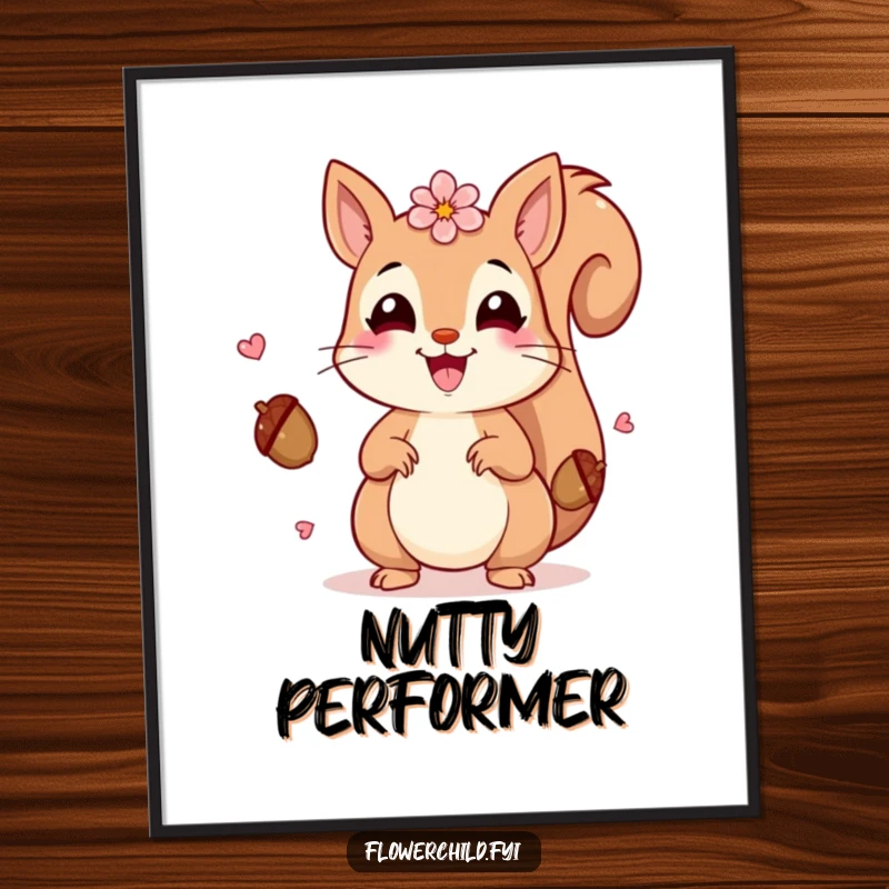 Funny Squirrel Petals Poster: A beaming squirrel with petals juggling acorns, creating a scene of funny woodland happiness.