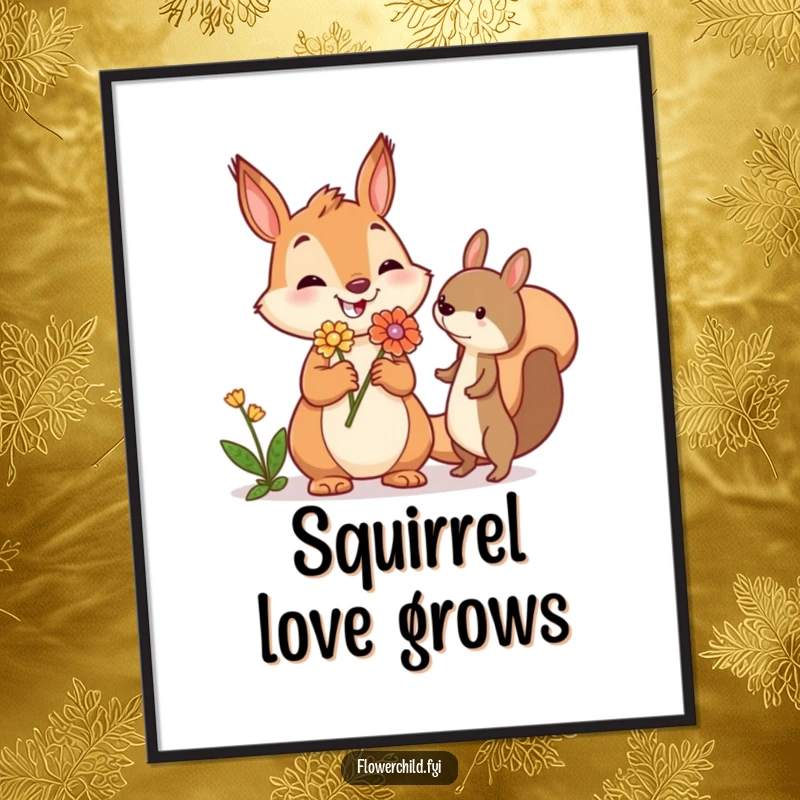 Funny squirrel poster illustrating a jovial squirrel offering a flower to another woodland creature, creating a heartwarming and humorous scene.