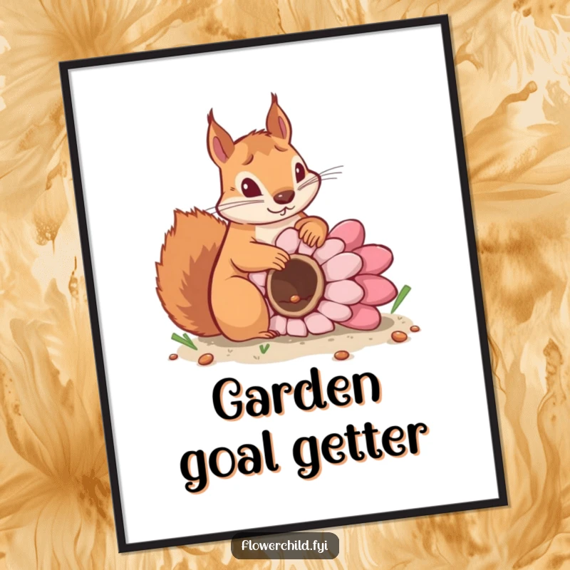 Funny poster of a determined squirrel planting a giant flower seed, symbolizing growth, effort, and horticultural passion.